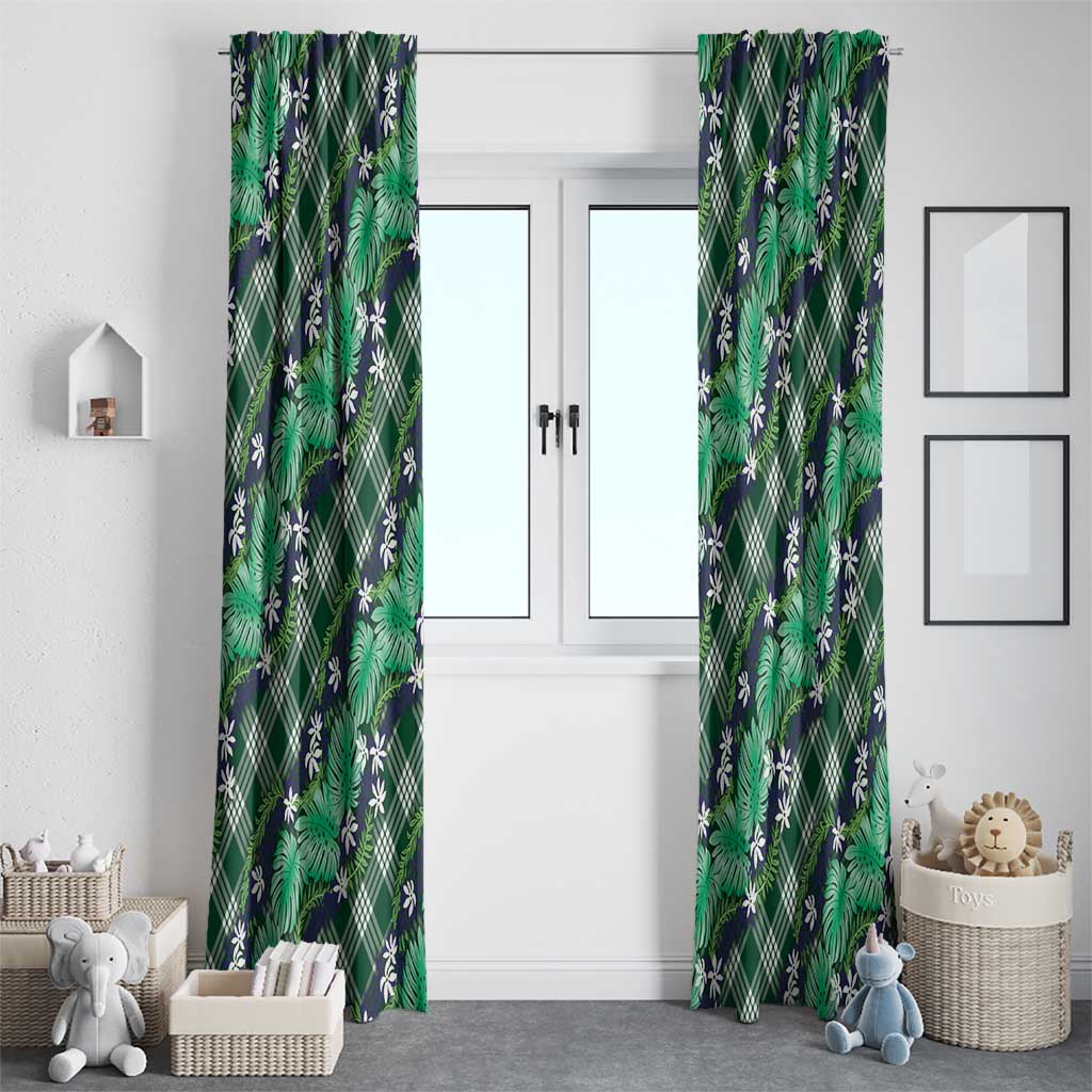 Polynesian Monstera Tiare Floral Window Curtain Forest Green Tropical Plaid - Polynesian Pride