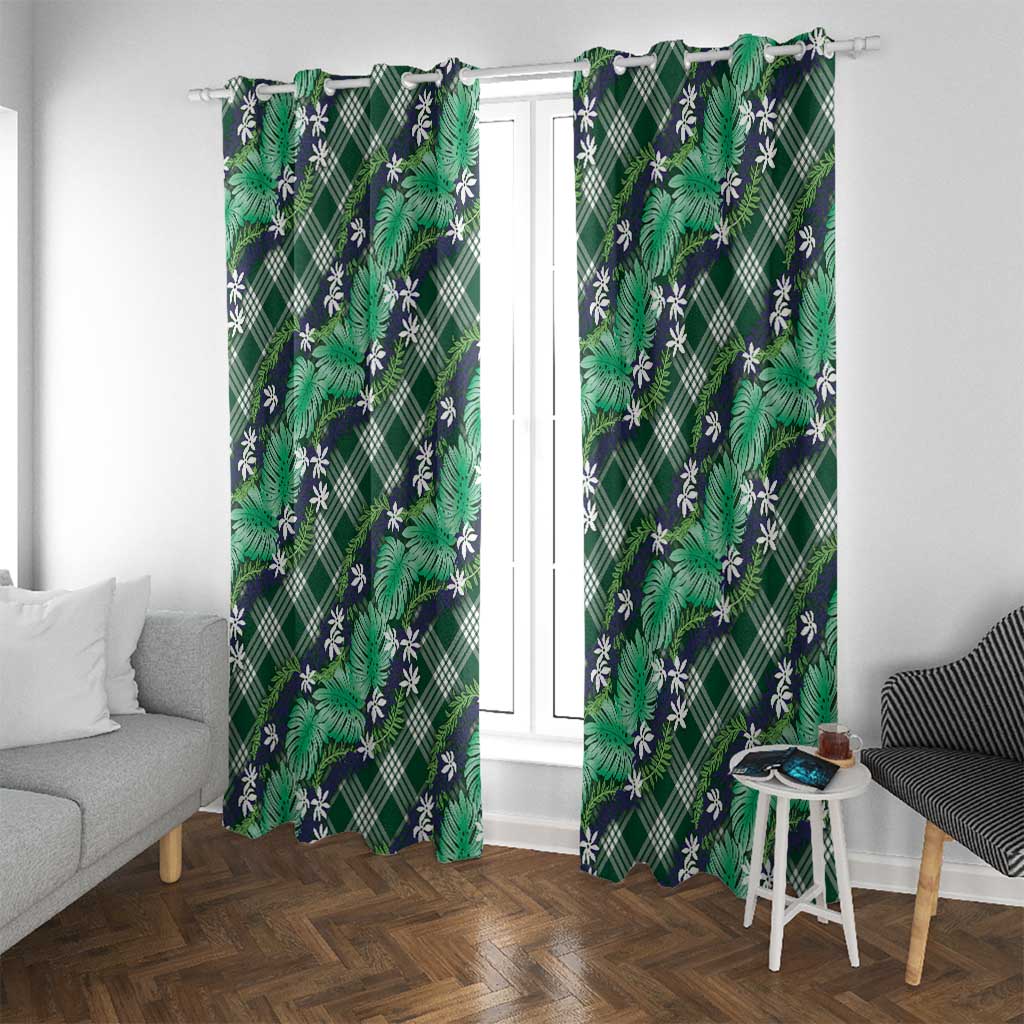 Polynesian Monstera Tiare Floral Window Curtain Forest Green Tropical Plaid - Polynesian Pride