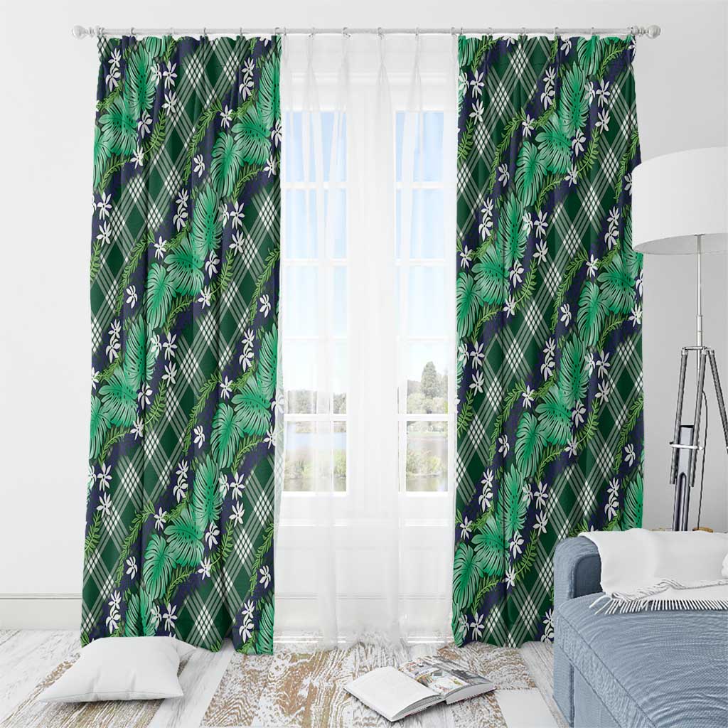 Polynesian Monstera Tiare Floral Window Curtain Forest Green Tropical Plaid - Polynesian Pride