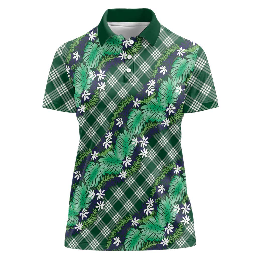 Polynesian Monstera Tiare Floral Women Polo Shirt Forest Green Tropical Plaid - Polynesian Pride