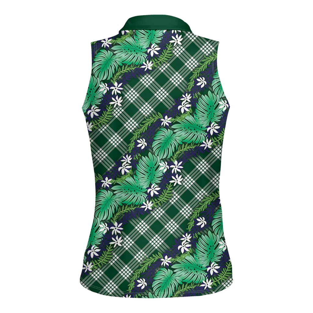 Polynesian Monstera Tiare Floral Women Sleeveless Polo Shirt Forest Green Tropical Plaid - Polynesian Pride