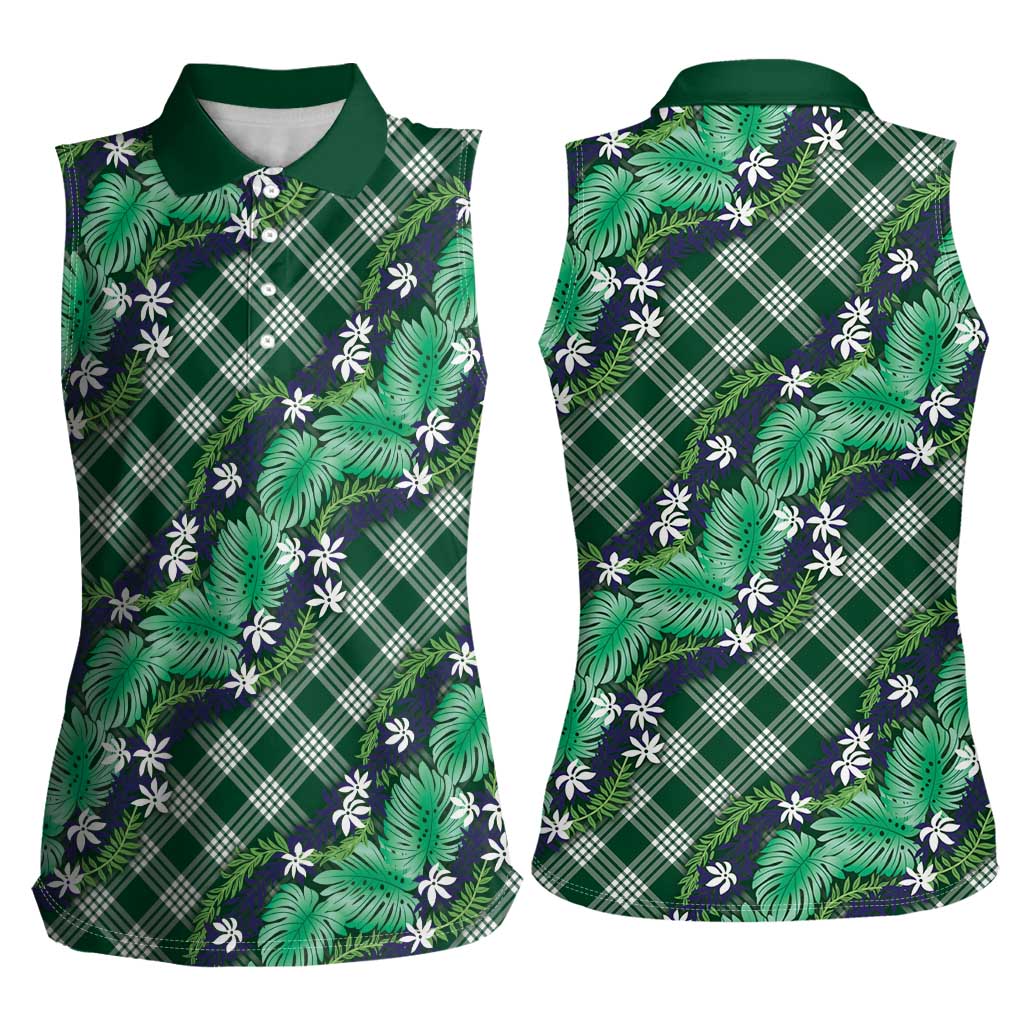 Polynesian Monstera Tiare Floral Women Sleeveless Polo Shirt Forest Green Tropical Plaid - Polynesian Pride
