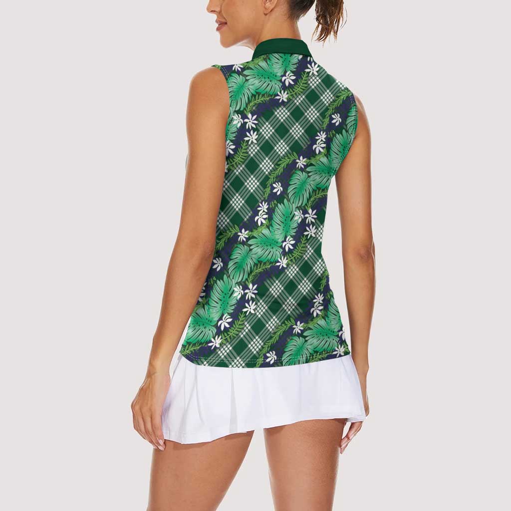 Polynesian Monstera Tiare Floral Women Sleeveless Polo Shirt Forest Green Tropical Plaid - Polynesian Pride
