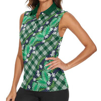 Polynesian Monstera Tiare Floral Women Sleeveless Polo Shirt Forest Green Tropical Plaid - Polynesian Pride