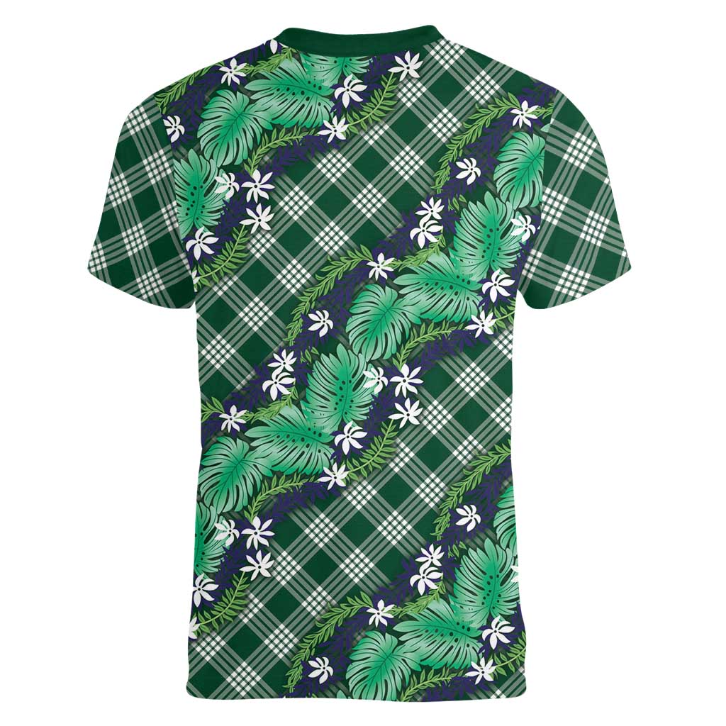 Polynesian Monstera Tiare Floral Women V-Neck T-Shirt Forest Green Tropical Plaid - Polynesian Pride