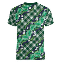 Polynesian Monstera Tiare Floral Women V-Neck T-Shirt Forest Green Tropical Plaid - Polynesian Pride