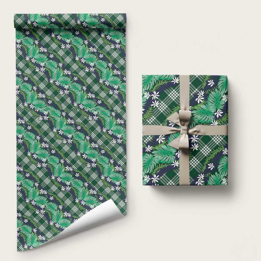 Polynesian Monstera Tiare Floral Wrapping Paper Forest Green Tropical Plaid - Polynesian Pride