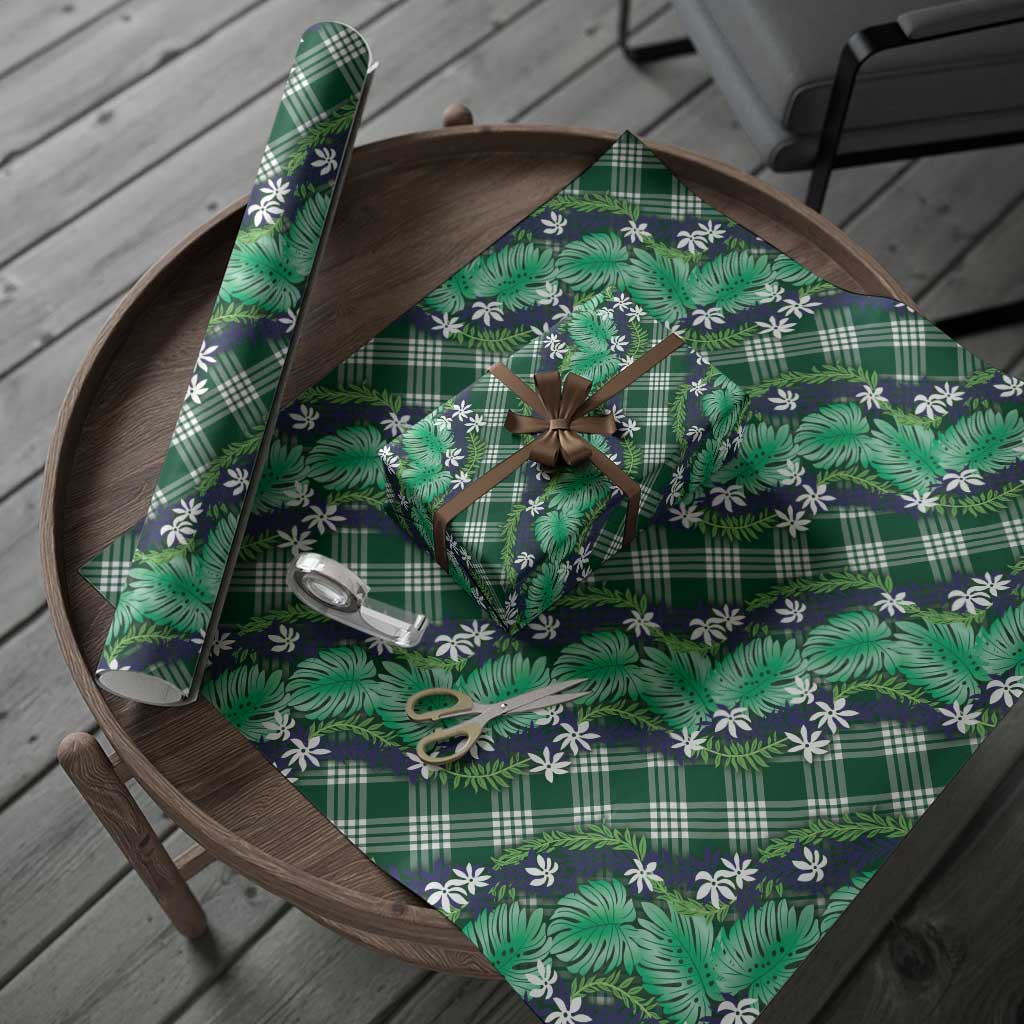 Polynesian Monstera Tiare Floral Wrapping Paper Forest Green Tropical Plaid - Polynesian Pride