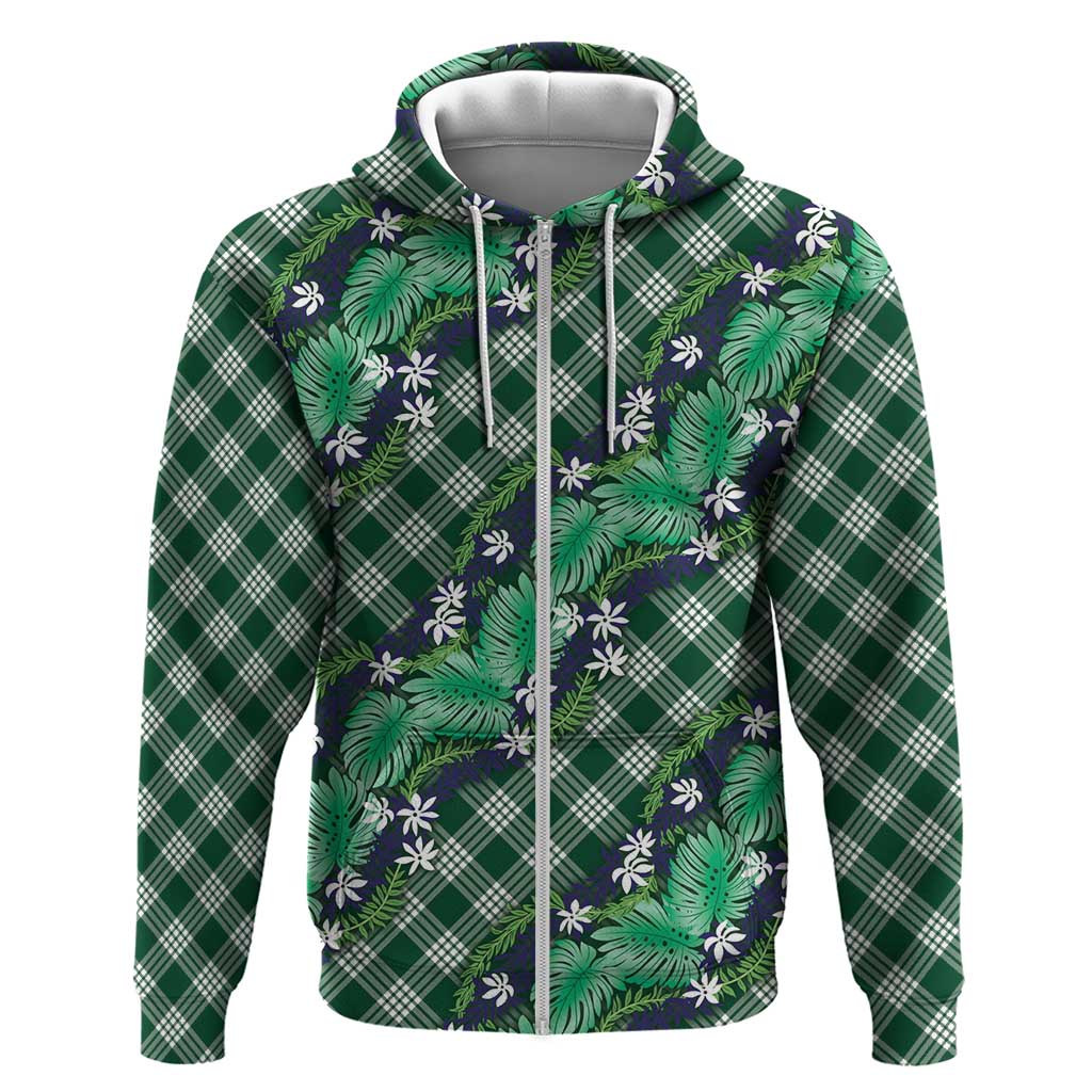 Polynesian Monstera Tiare Floral Zip Hoodie Forest Green Tropical Plaid - Polynesian Pride