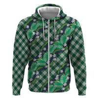 Polynesian Monstera Tiare Floral Zip Hoodie Forest Green Tropical Plaid - Polynesian Pride