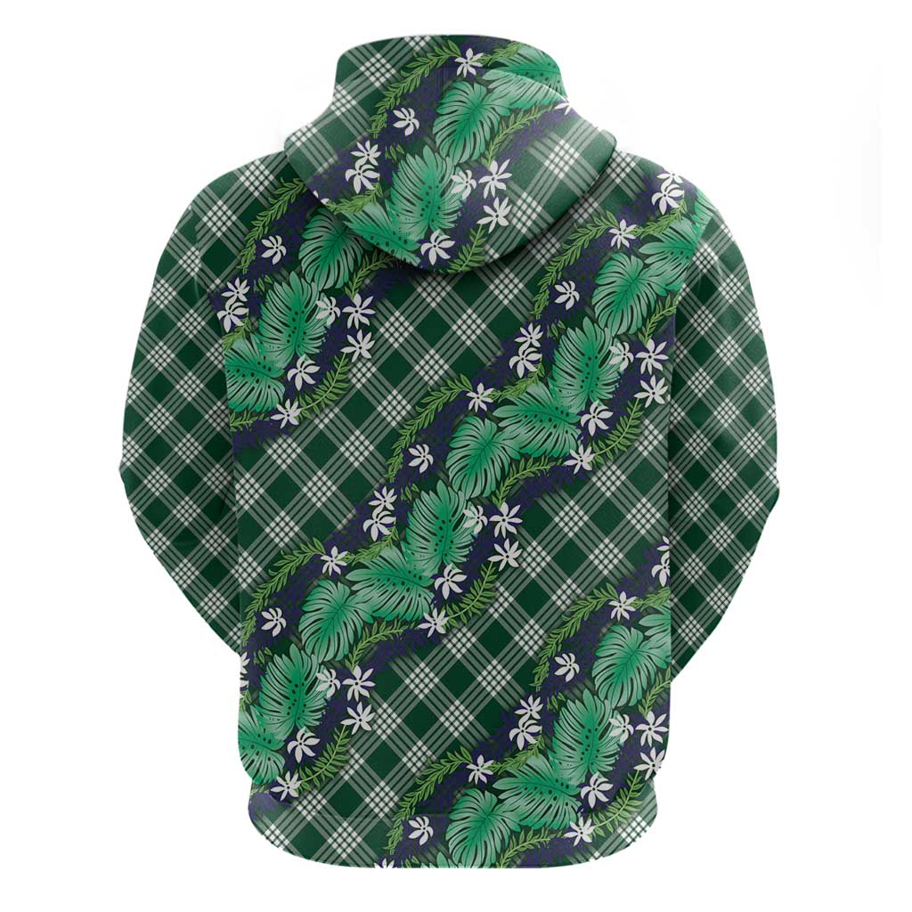 Polynesian Monstera Tiare Floral Zip Hoodie Forest Green Tropical Plaid - Polynesian Pride