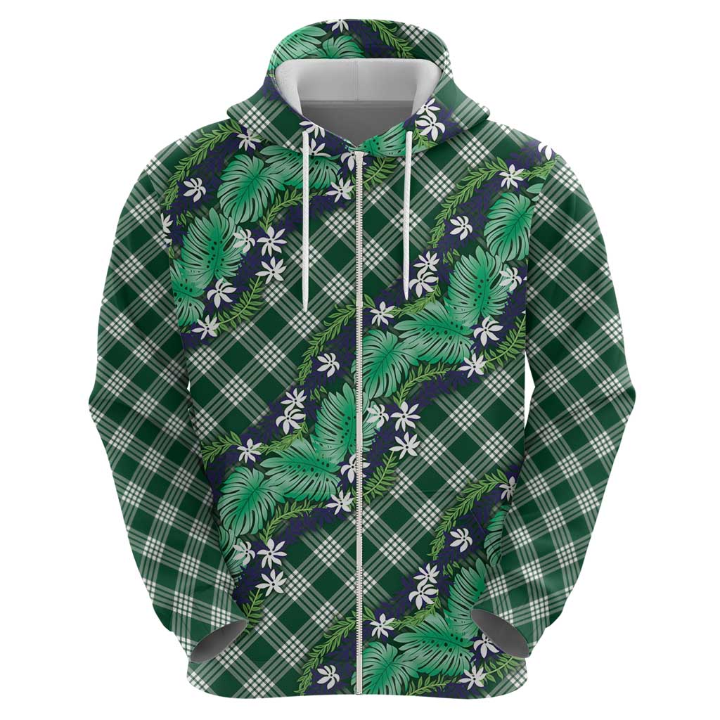 Polynesian Monstera Tiare Floral Zip Hoodie Forest Green Tropical Plaid - Polynesian Pride