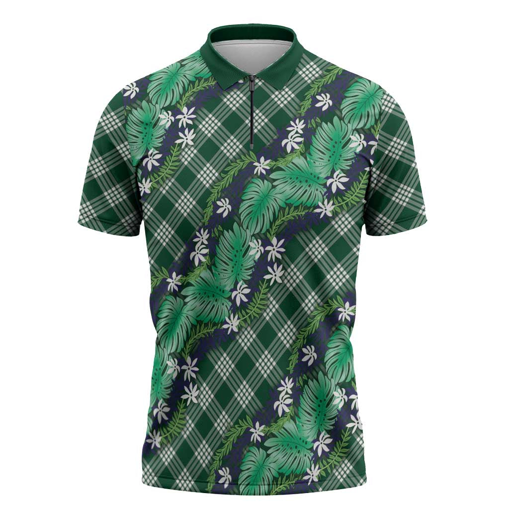 Polynesian Monstera Tiare Floral Zipper Polo Shirt Forest Green Tropical Plaid - Polynesian Pride