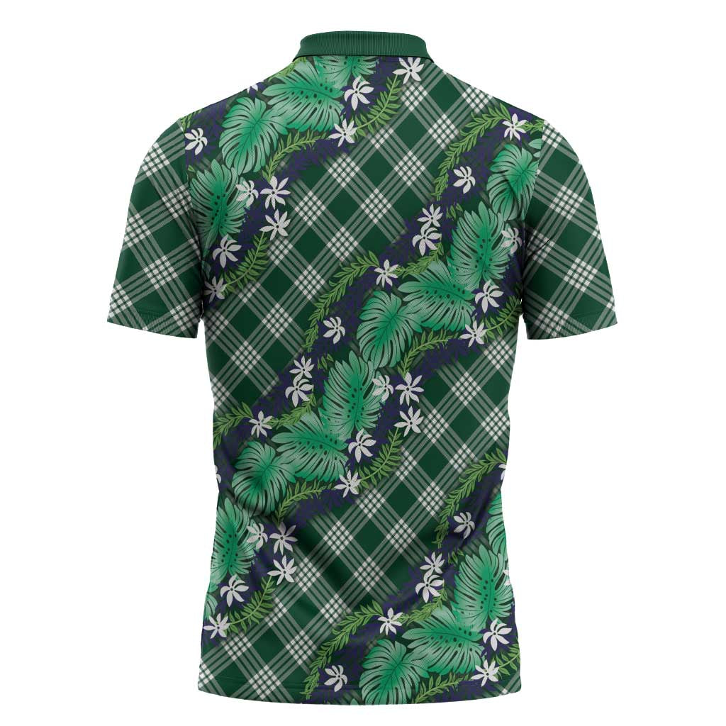 Polynesian Monstera Tiare Floral Zipper Polo Shirt Forest Green Tropical Plaid - Polynesian Pride