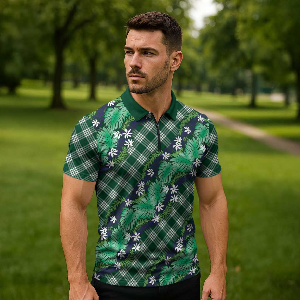 Polynesian Monstera Tiare Floral Zipper Polo Shirt Forest Green Tropical Plaid - Polynesian Pride