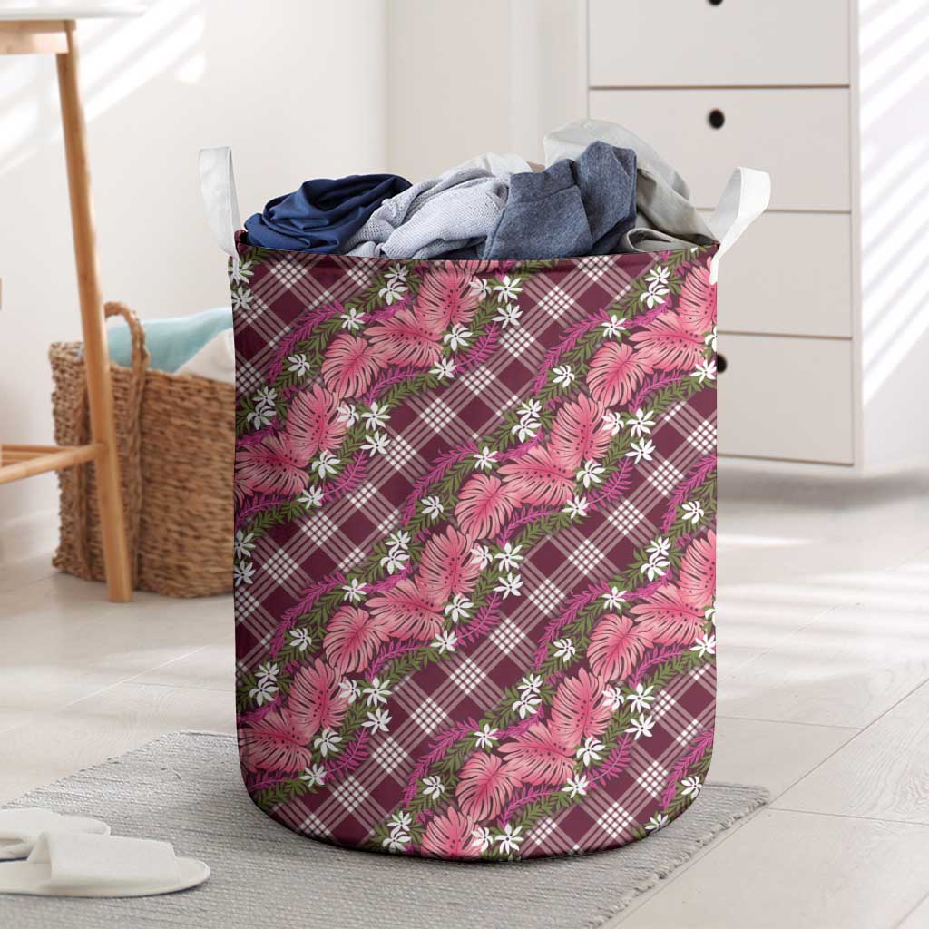 Polynesian Monstera Tiare Floral Laundry Basket Fuchsia Tropical Plaid - Polynesian Pride
