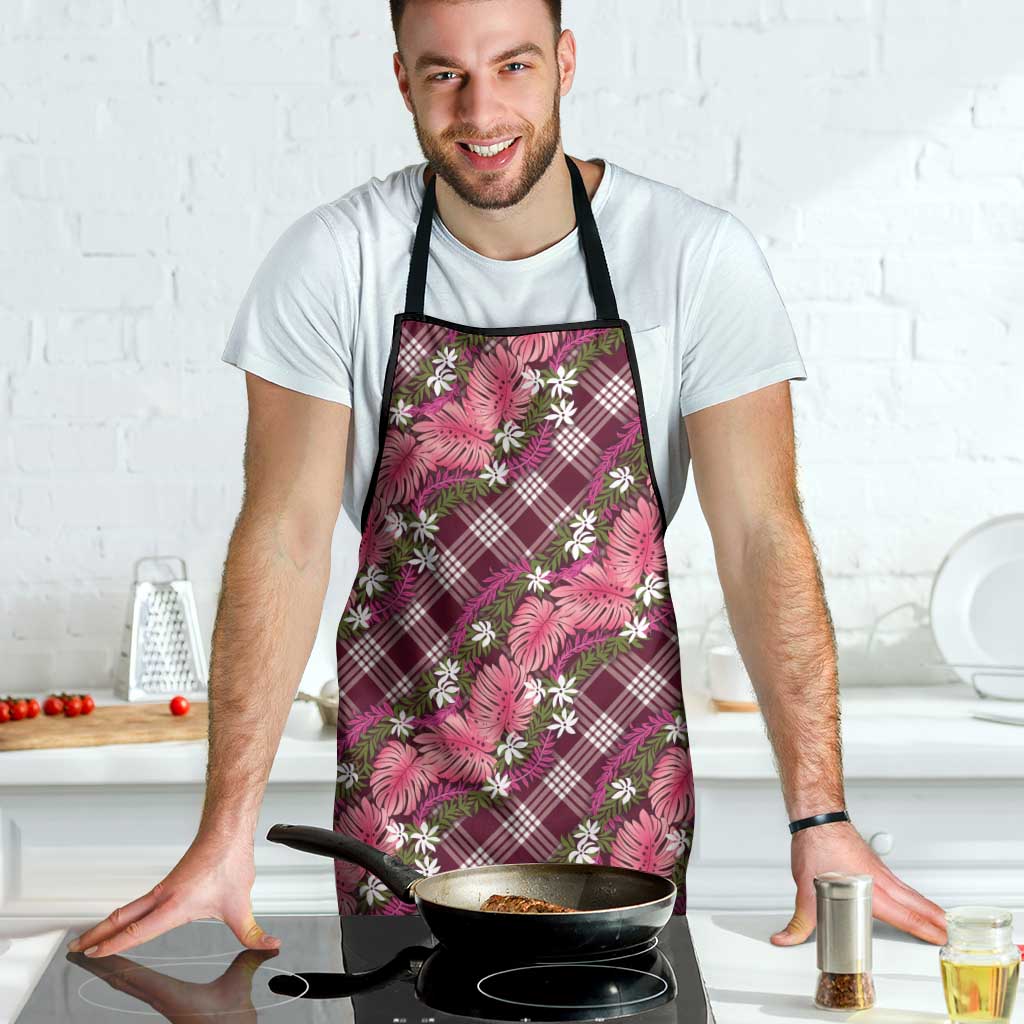 Polynesian Monstera Tiare Floral Apron Fuchsia Tropical Plaid - Polynesian Pride
