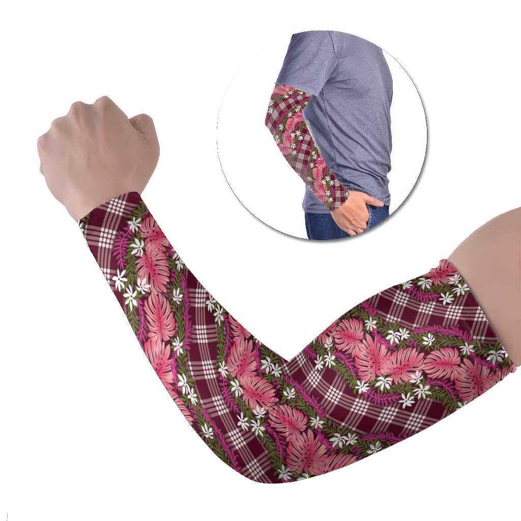 Polynesian Monstera Tiare Floral Arm Sleeves Fuchsia Tropical Plaid - Polynesian Pride
