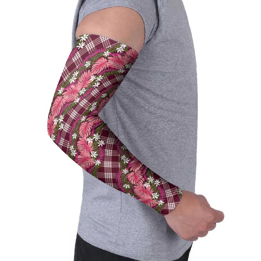 Polynesian Monstera Tiare Floral Arm Sleeves Fuchsia Tropical Plaid - Polynesian Pride