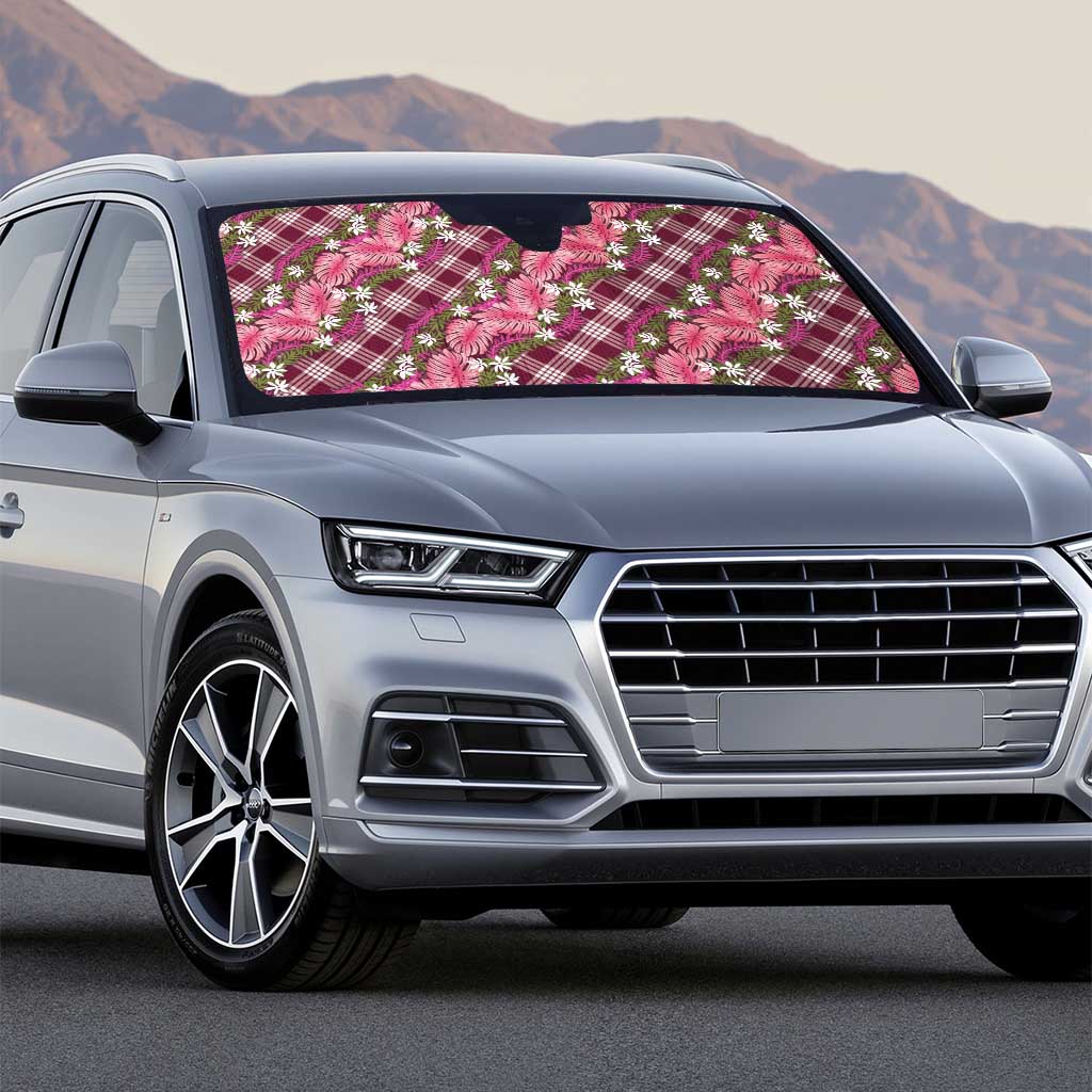 Polynesian Monstera Tiare Floral Auto Sun Shade Fuchsia Tropical Plaid - Polynesian Pride