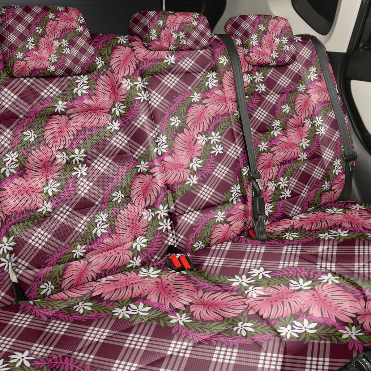 Polynesian Monstera Tiare Floral Back Car Seat Cover Fuchsia Tropical Plaid - Polynesian Pride