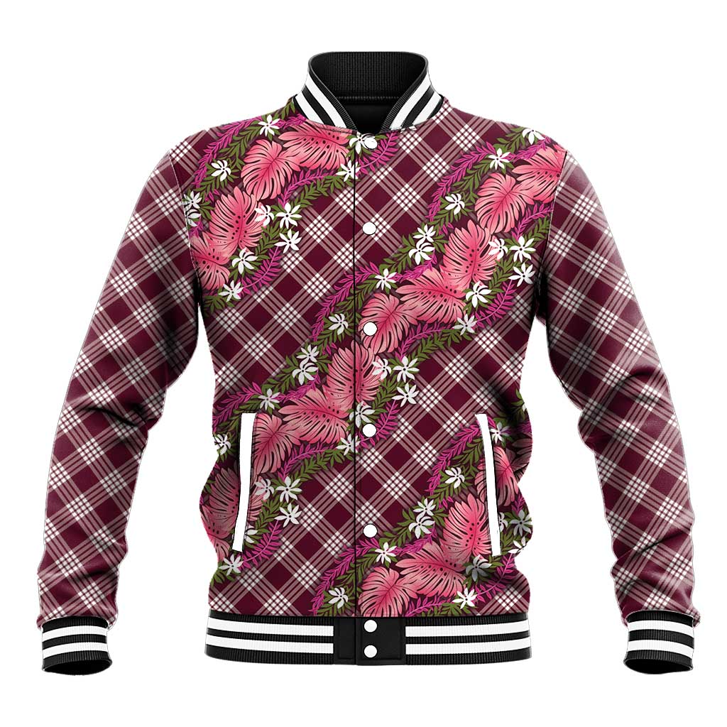 Polynesian Monstera Tiare Floral Baseball Jacket Fuchsia Tropical Plaid - Polynesian Pride