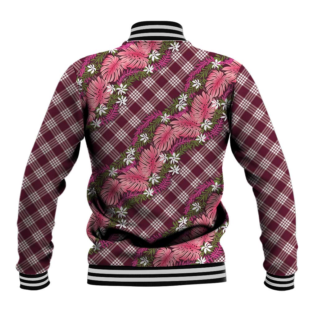 Polynesian Monstera Tiare Floral Baseball Jacket Fuchsia Tropical Plaid - Polynesian Pride