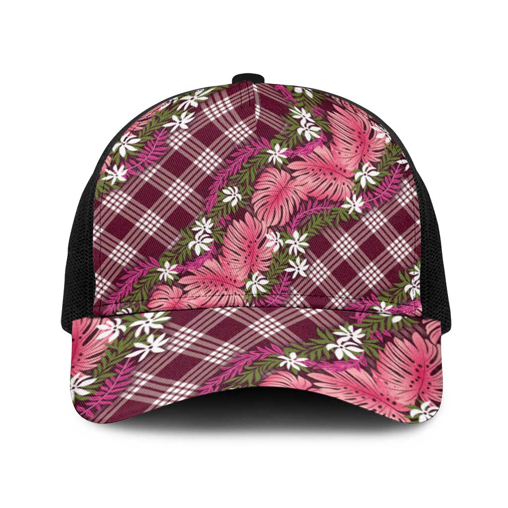 Polynesian Monstera Tiare Floral Baseball Net Cap Fuchsia Tropical Plaid - Polynesian Pride