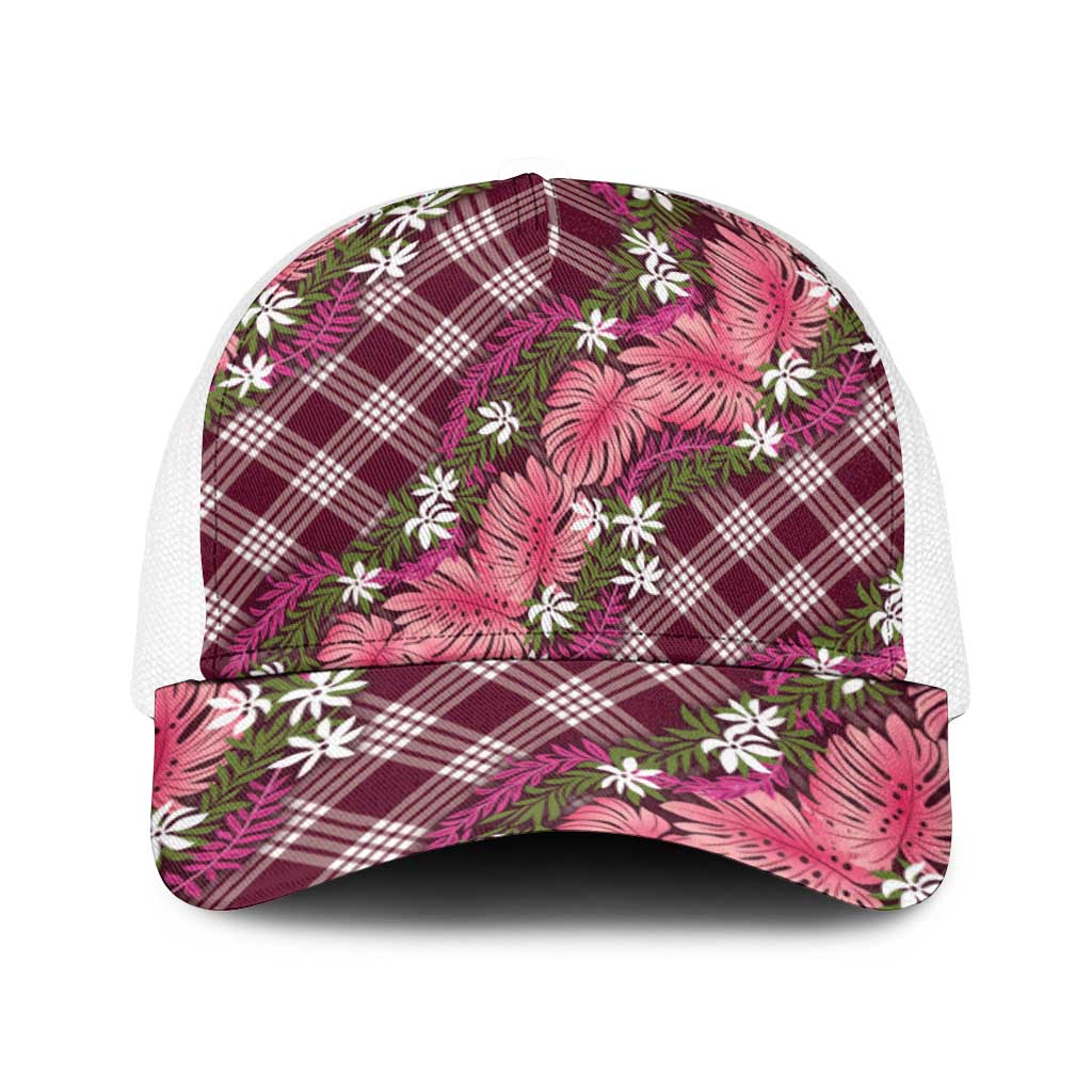 Polynesian Monstera Tiare Floral Baseball Net Cap Fuchsia Tropical Plaid - Polynesian Pride