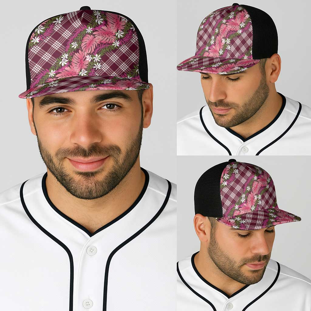 Polynesian Monstera Tiare Floral Baseball Net Cap Fuchsia Tropical Plaid - Polynesian Pride