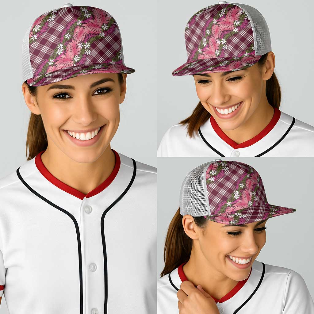 Polynesian Monstera Tiare Floral Baseball Net Cap Fuchsia Tropical Plaid - Polynesian Pride