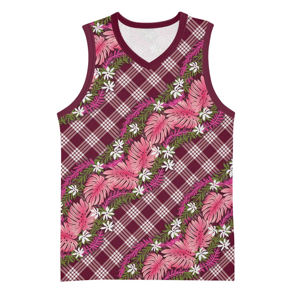 Polynesian Monstera Tiare Floral Basketball Jersey Fuchsia Tropical Plaid - Polynesian Pride