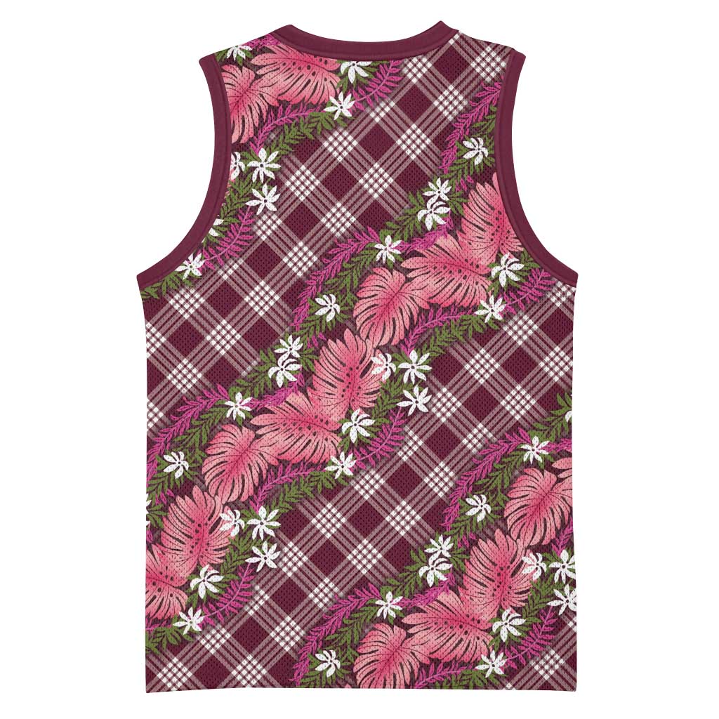 Polynesian Monstera Tiare Floral Basketball Jersey Fuchsia Tropical Plaid - Polynesian Pride