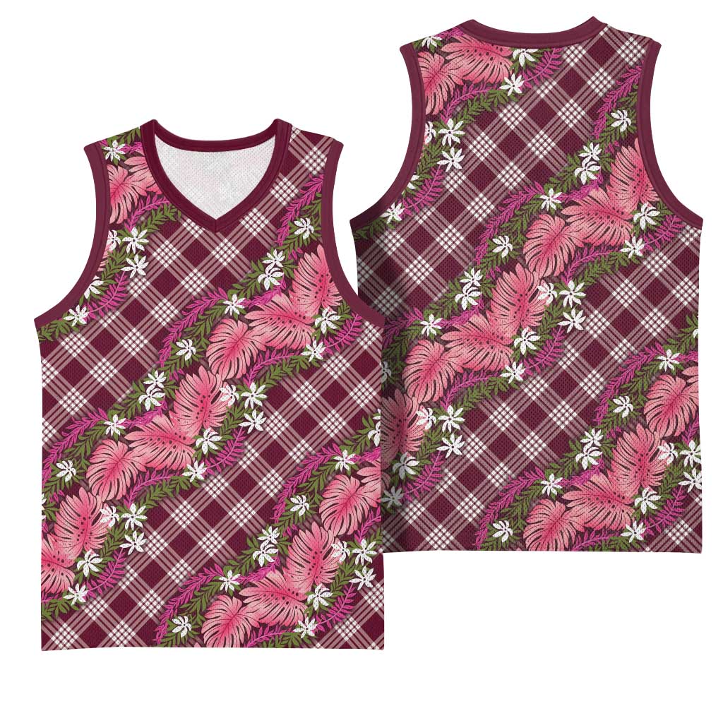 Polynesian Monstera Tiare Floral Basketball Jersey Fuchsia Tropical Plaid - Polynesian Pride