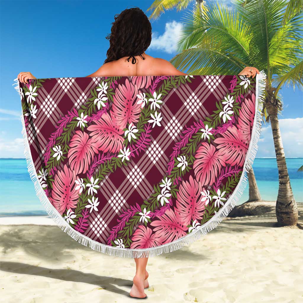 Polynesian Monstera Tiare Floral Beach Blanket Fuchsia Tropical Plaid - Polynesian Pride