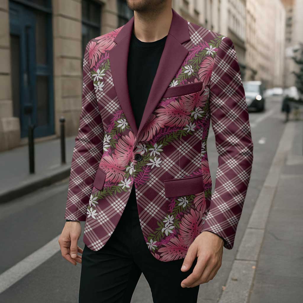 Polynesian Monstera Tiare Floral Blazer Fuchsia Tropical Plaid - Polynesian Pride