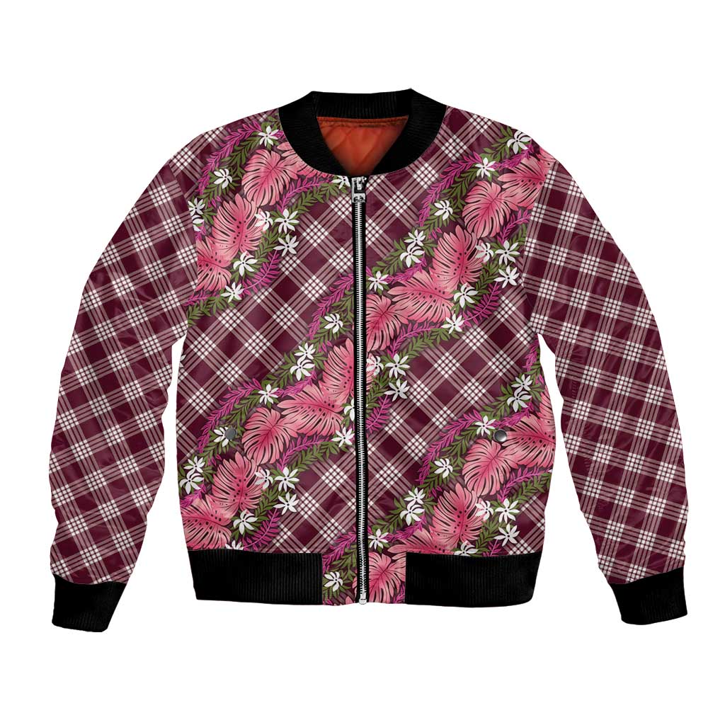 Polynesian Monstera Tiare Floral Bomber Jacket Fuchsia Tropical Plaid - Polynesian Pride