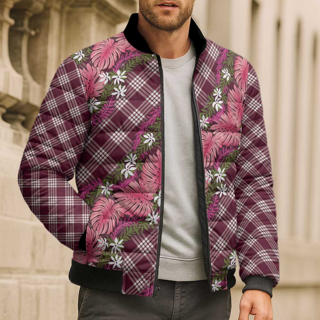 Polynesian Monstera Tiare Floral Bomber Puffer Jacket Fuchsia Tropical Plaid - Polynesian Pride