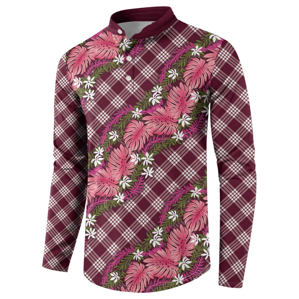 Polynesian Monstera Tiare Floral Button Sweatshirt Fuchsia Tropical Plaid - Polynesian Pride