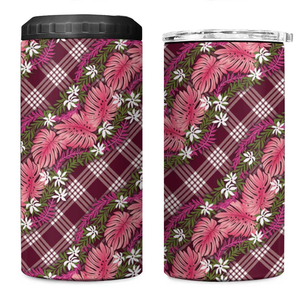 Polynesian Monstera Tiare Floral 4 in 1 Can Cooler Tumbler Fuchsia Tropical Plaid - Polynesian Pride