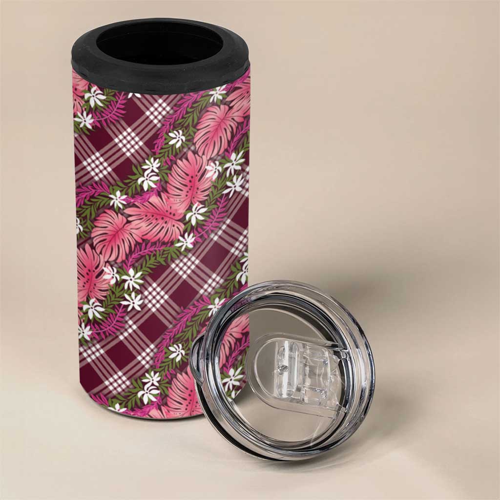 Polynesian Monstera Tiare Floral 4 in 1 Can Cooler Tumbler Fuchsia Tropical Plaid - Polynesian Pride