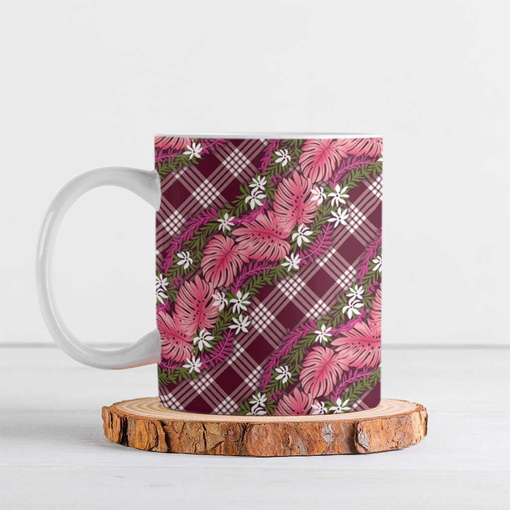 Polynesian Monstera Tiare Floral Ceramic Mug Fuchsia Tropical Plaid - Polynesian Pride