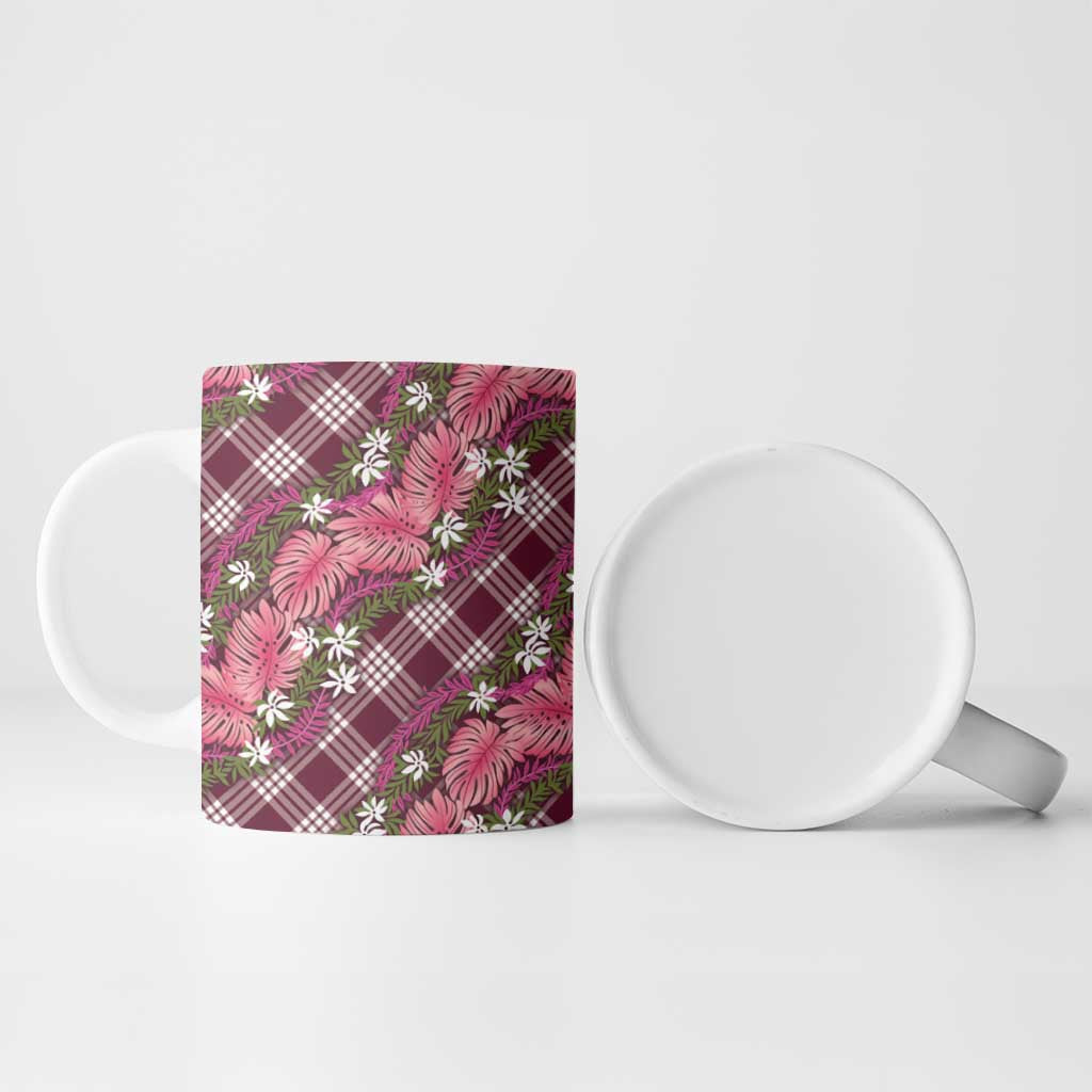 Polynesian Monstera Tiare Floral Ceramic Mug Fuchsia Tropical Plaid - Polynesian Pride