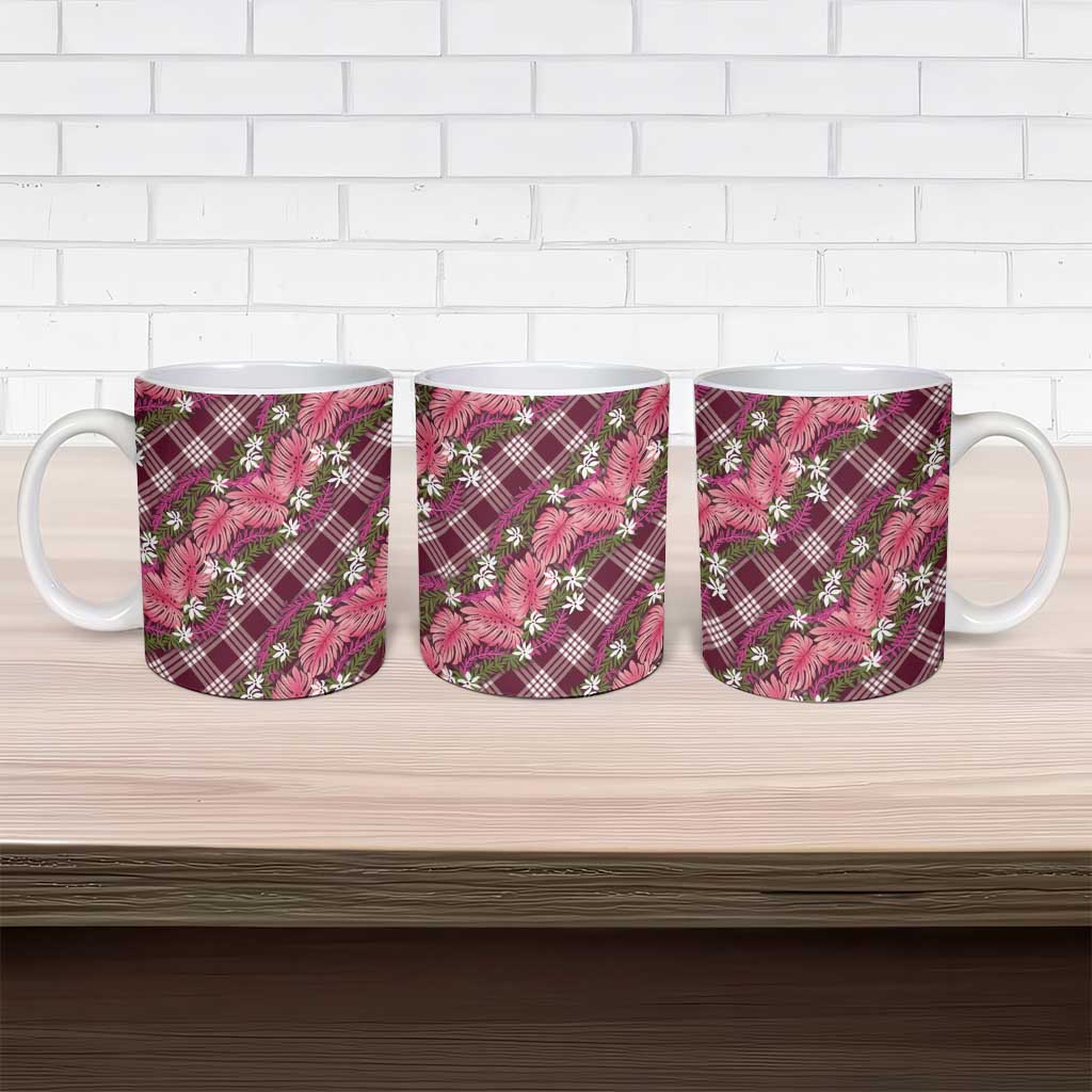Polynesian Monstera Tiare Floral Ceramic Mug Fuchsia Tropical Plaid - Polynesian Pride