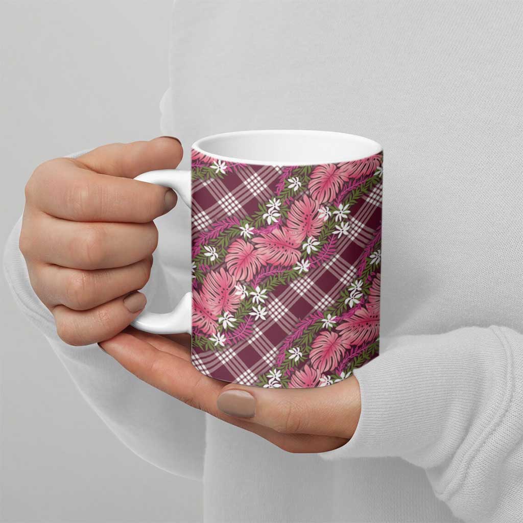 Polynesian Monstera Tiare Floral Ceramic Mug Fuchsia Tropical Plaid - Polynesian Pride