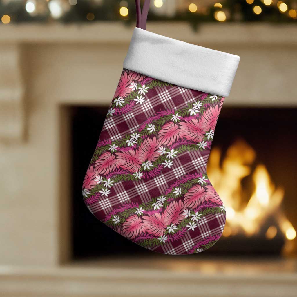 Polynesian Monstera Tiare Floral Christmas Stocking Fuchsia Tropical Plaid - Polynesian Pride