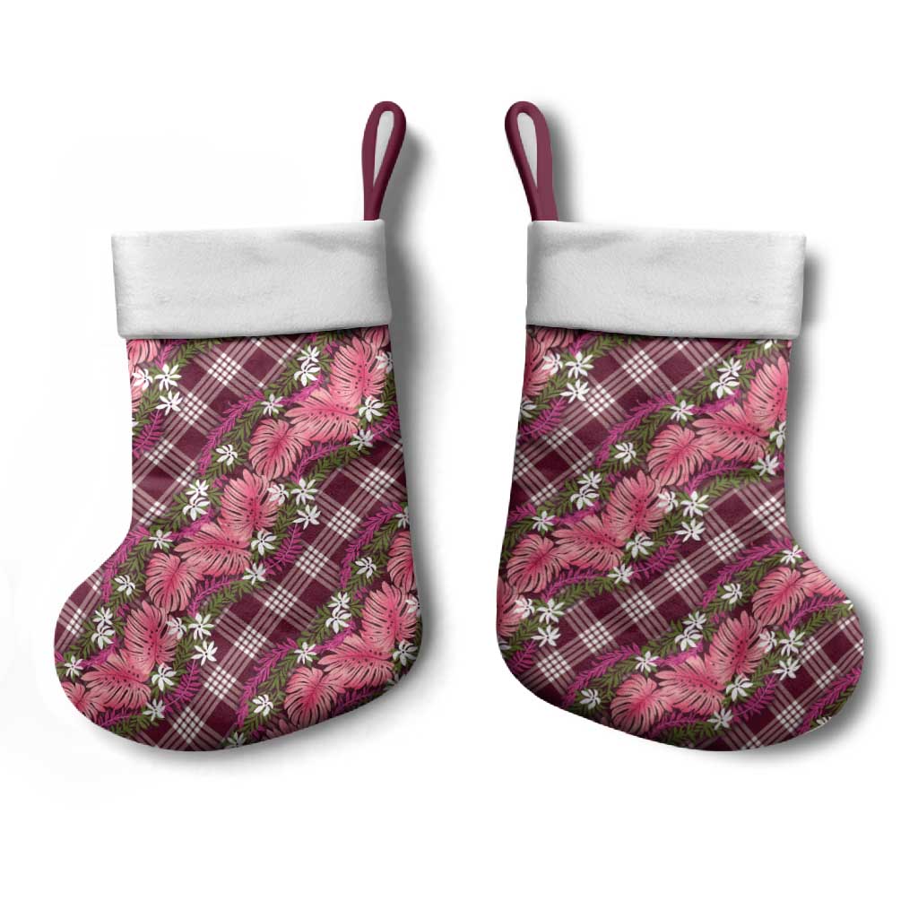 Polynesian Monstera Tiare Floral Christmas Stocking Fuchsia Tropical Plaid - Polynesian Pride