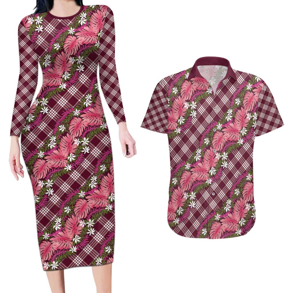Polynesian Monstera Tiare Floral Couples Matching Long Sleeve Bodycon Dress and Hawaiian Shirt Fuchsia Tropical Plaid - Polynesian Pride