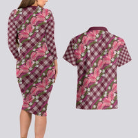 Polynesian Monstera Tiare Floral Couples Matching Long Sleeve Bodycon Dress and Hawaiian Shirt Fuchsia Tropical Plaid - Polynesian Pride