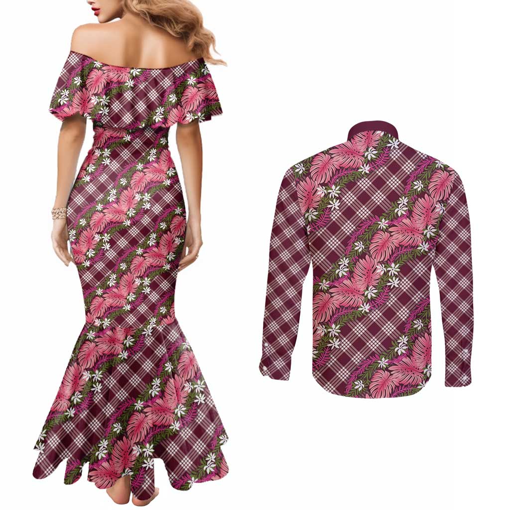 Polynesian Monstera Tiare Floral Couples Matching Mermaid Dress and Long Sleeve Button Shirt Fuchsia Tropical Plaid - Polynesian Pride